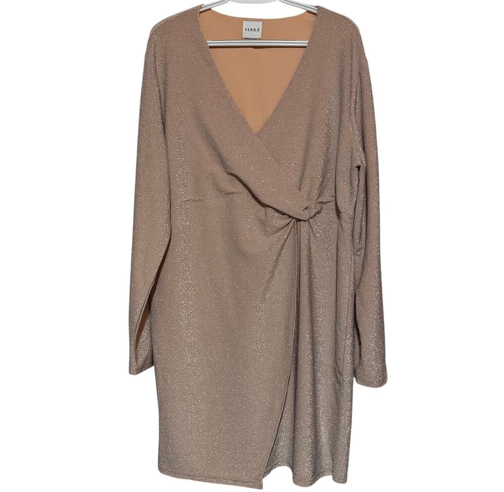 Serra Women's Pink Gold Rose V-Neck Faux Wrap Long Sleeve Lined Dress Size XL